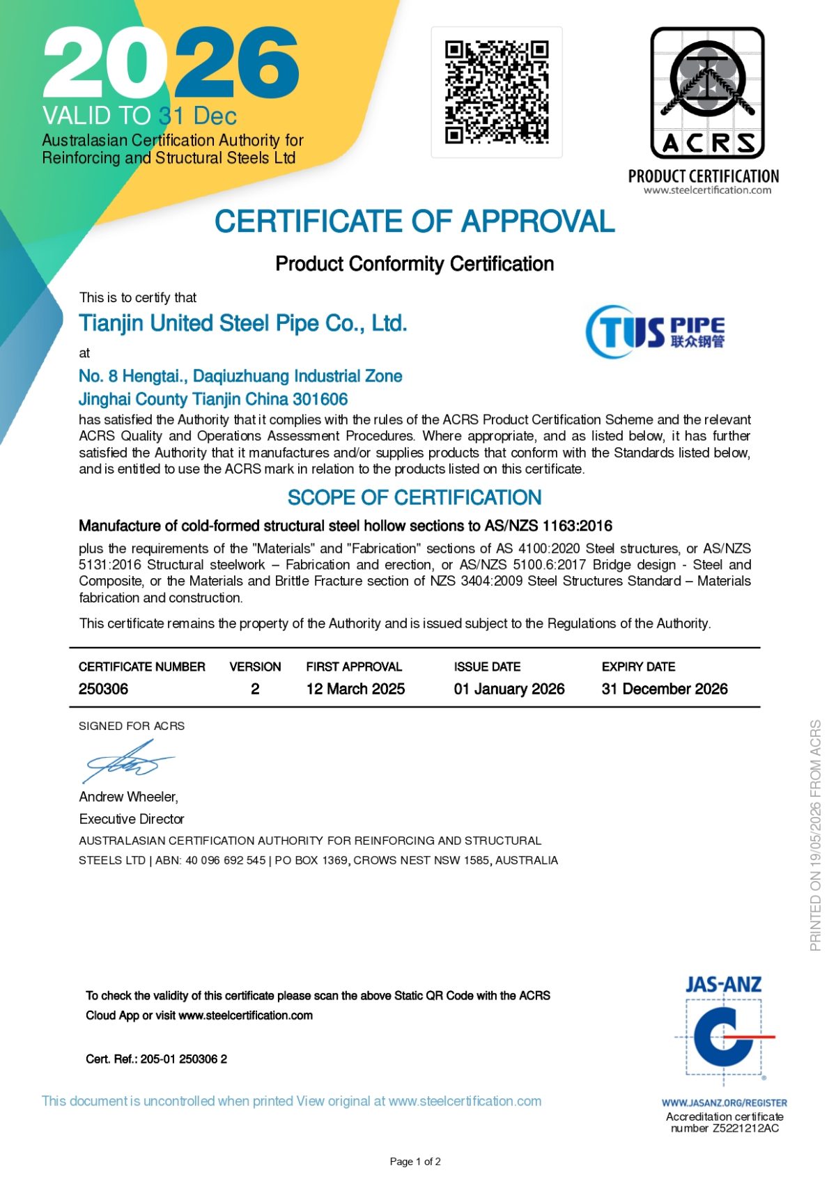ACRS TUS2026 Certification Certificate