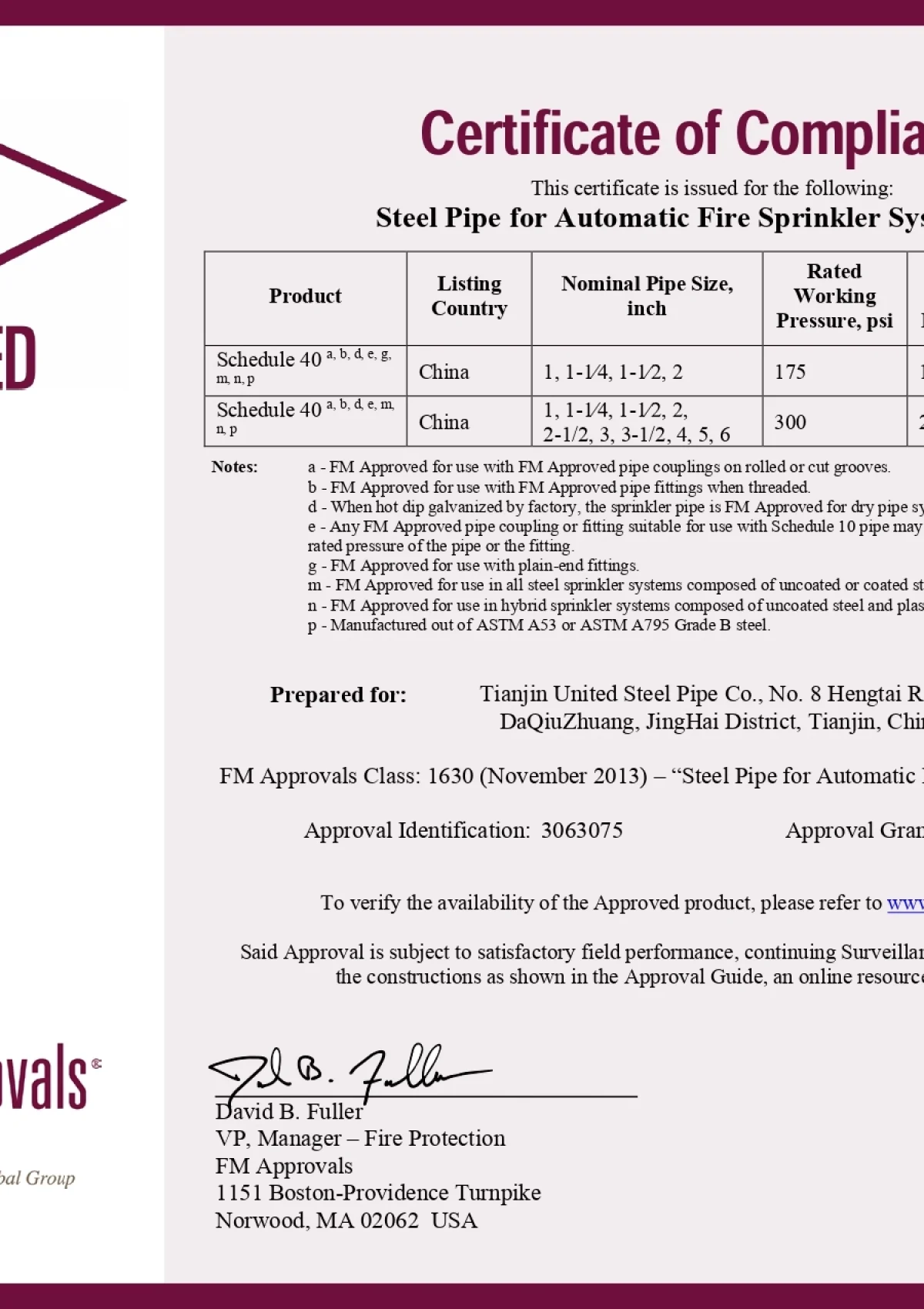 FM APPROVED Automatic Fire Sprinkler Systems TUS