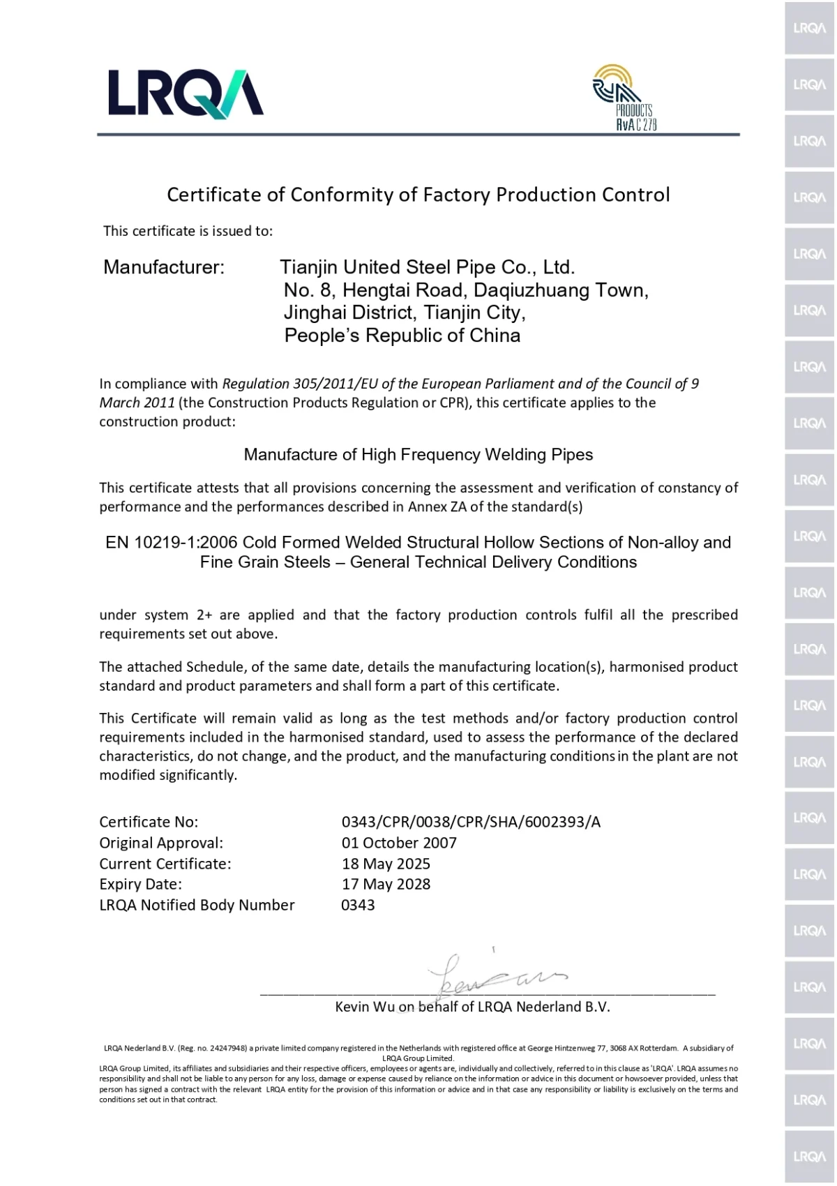 LRQA EN 10219 Certification TUSPIPE