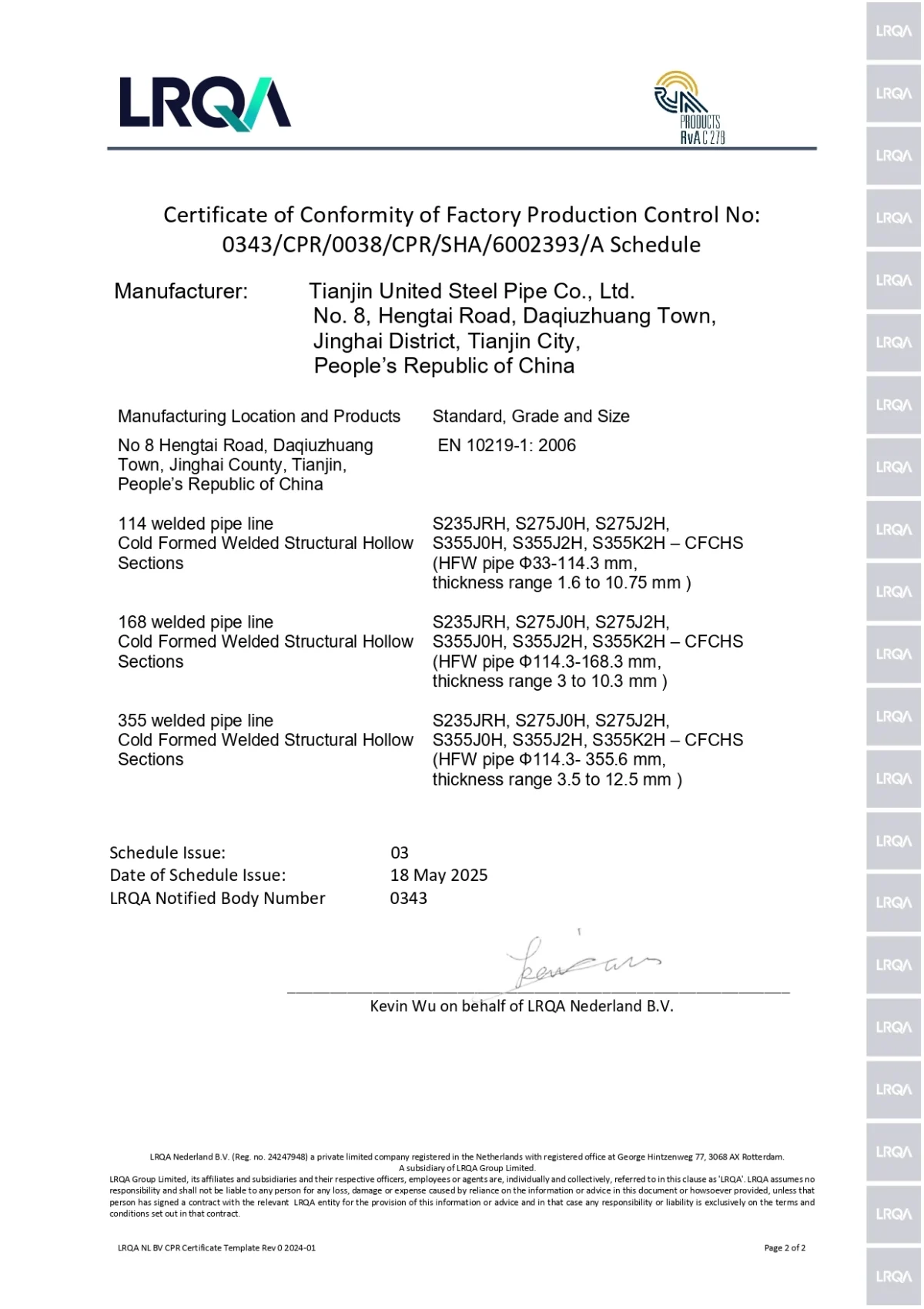 TUSPIPE LRQA EN 10219 Certification